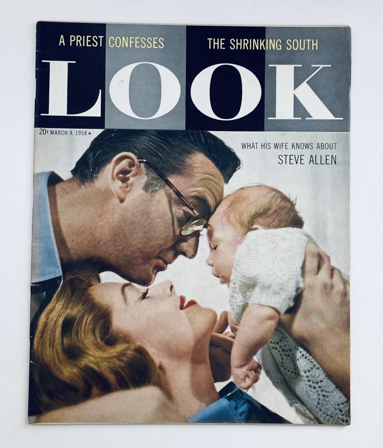 Vintage Look Magazine cover from March 4, 1958, Volume 22 No. 5 featuring a family scene with a man, woman, and a baby, along with the title 'LOOK' prominently displayed.