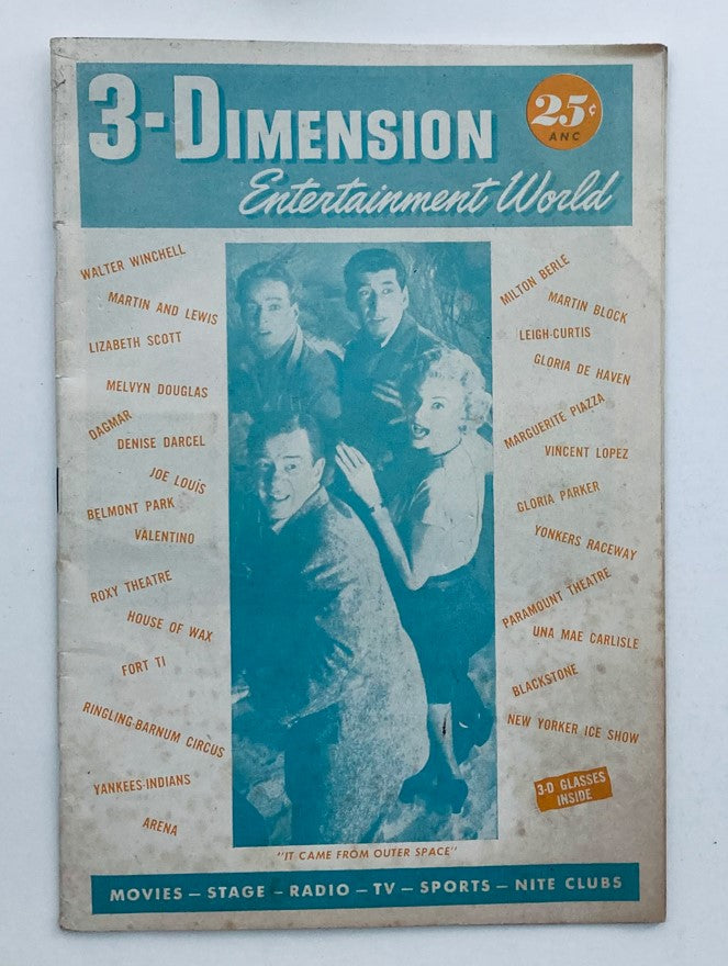 Cover of the VTG 3-Dimension Entertainment World magazine from 1953 featuring Richard Carlson and Barbara Rush, showcasing iconic personalities and vintage Hollywood glamour.