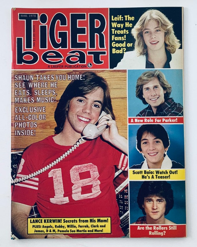 Vintage Tiger Beat magazine from March 1978 featuring Shaun Cassidy on the cover with headlines about music and celebrity interviews.