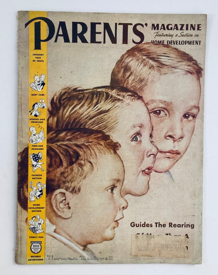 Cover of VTG Parents' Magazine January 1939 Vol 14 No. 1 featuring three children's portraits with the tagline 'Guides The Rearing' and stylistic illustrations related to parenting and child development.