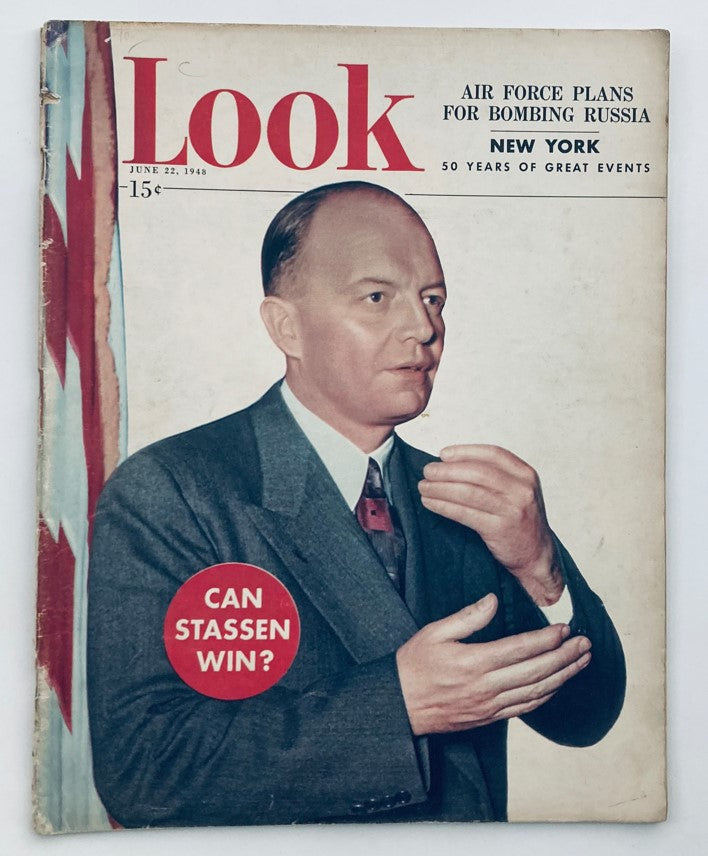 Cover of VTG Look Magazine June 22, 1948 featuring Harold E. Stassen with the question 'Can Stassen Win?'. The cover also highlights air force plans for bombing Russia.
