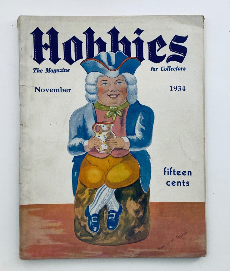 Cover of VTG Hobbies Magazine for Collectors, November 1934, featuring a colorful illustration of a character holding a jug, with text indicating the magazine's name and price.