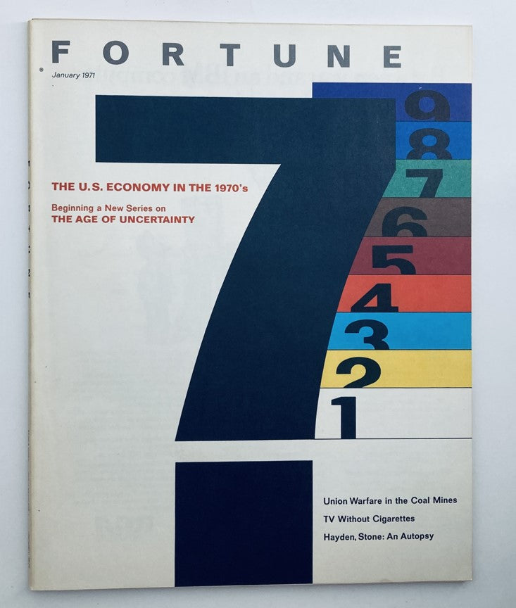 VTG Fortune Magazine January 1971 cover featuring the title 'The U.S. Economy in the 1970's' with a bold design and color blocks, introducing the theme 'The Age of Uncertainty.'
