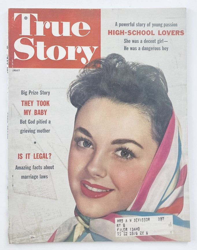 Cover of VTG True Story Magazine May 1956 featuring an illustration of a woman in a headscarf, with articles highlighted about marriage, high school lovers, and personal stories.