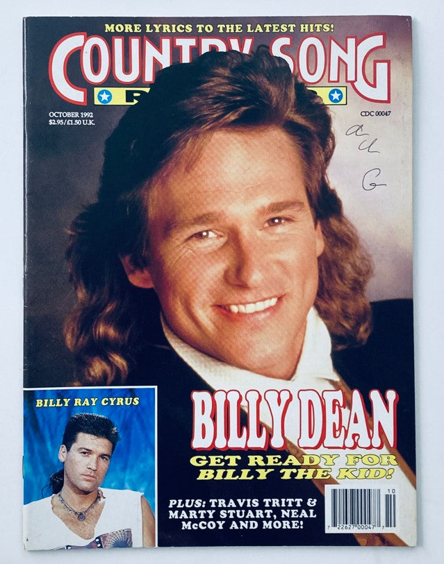 Cover of Country Song Roundup Magazine - October 1992 featuring Billy Dean and Billy Ray Cyrus. The magazine highlights 'Get Ready for Billy the Kid', showcasing key country music artists and cultural insights from the early '90s.