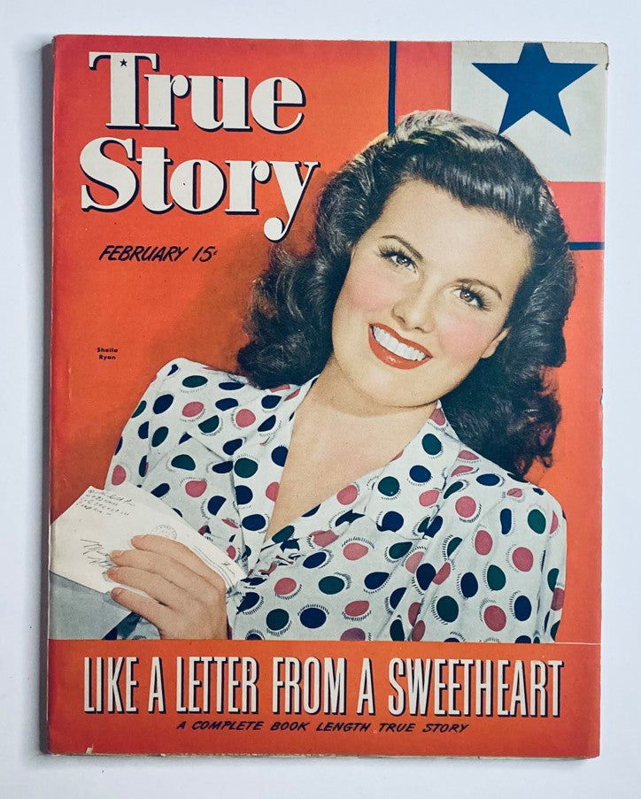 VTG True Story Magazine February 1944 featuring Sheila Ryan on the cover, designed with a vibrant orange background and polka dot pattern.