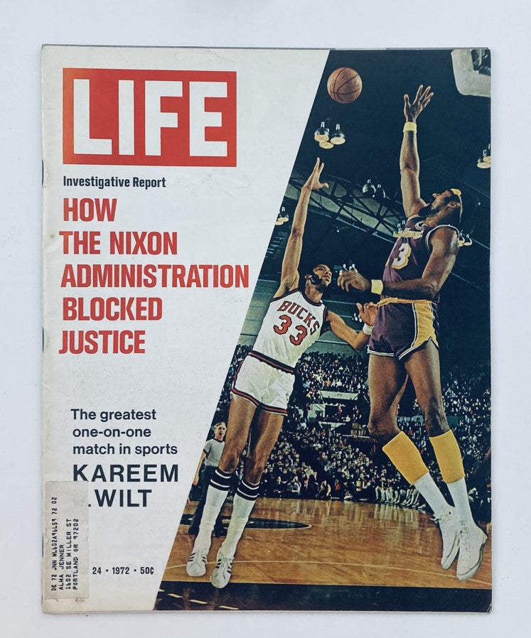 Vintage Life Magazine cover from March 24, 1972, featuring NBA legends Kareem Abdul-Jabbar and Wilt Chamberlain in action during a basketball match.