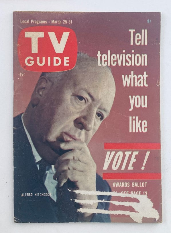 TV Guide Magazine March 25 1961 featuring Alfred Hitchcock on the cover, highlighting the call to action to vote for favorite television shows.