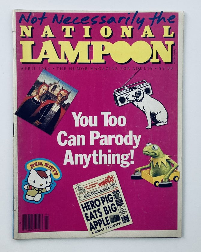 Vintage National Lampoon Magazine April 1984 featuring colorful cover art with the text 'You Too Can Parody Anything!' and various humorous illustrations including Hello Kitty and a frog, showcasing the iconic April Fools Issue.