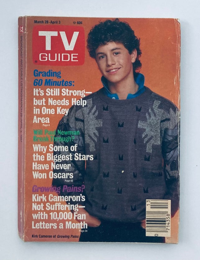 Cover of TV Guide Magazine from March 28, 1987 featuring Kirk Cameron from Growing Pains, highlighting entertainment topics and vintage TV shows.