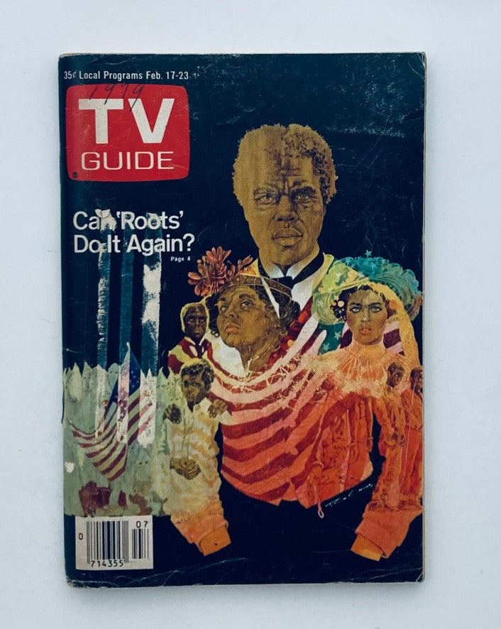 Cover of TV Guide Magazine dated February 17, 1979, featuring the question 'Can Roots Do It Again?' with illustrated artwork depicting various characters and themes related to the television show. The magazine also highlights local programs for the week.