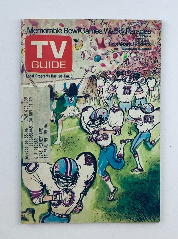 TV Guide Magazine December 28 1974 Issue #1135 cover featuring a vibrant illustration of memorable bowl games and parades, showcasing local programs for Minneapolis-St. Paul. This vintage magazine captures the essence of 1970s television.