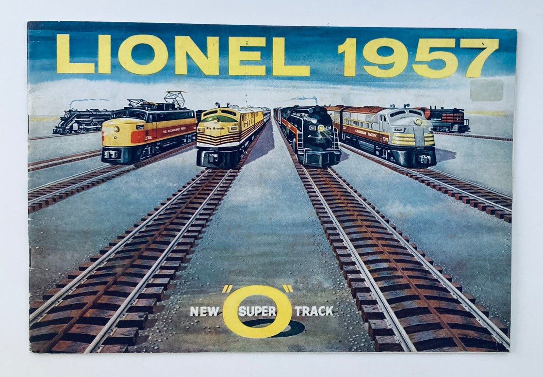 VTG 1957 Lionel Trains New Super O Track Catalog showcasing various diesel locomotives on tracks with an illustrated cover design.