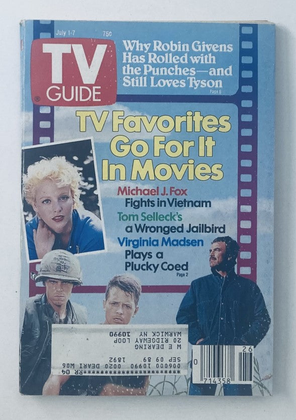 TV Guide Magazine July 1 1989 featuring Michael J. Fox on the cover, spotlighting TV favorites in movies, including articles on veteran actors like Tom Selleck and Virginia Madsen.
