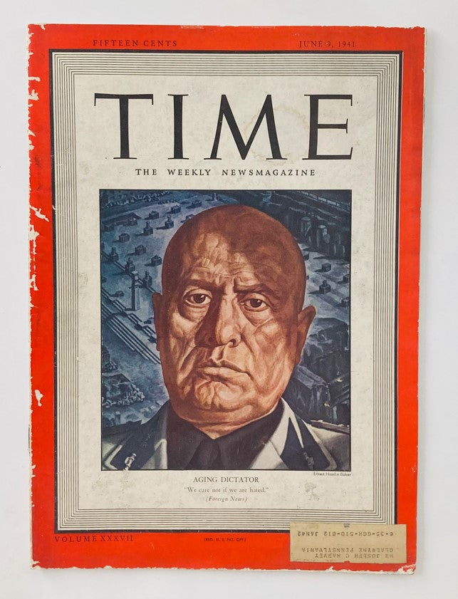 VTG Time Magazine June 9 1941 cover featuring Aging Dictator Benito Mussolini, highlighting the historical significance of his leadership during World War II.