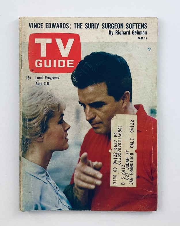 TV Guide Magazine April 3, 1965 #627 featuring Vince Edwards and Kathy Kersh on the cover, showcasing vintage television history.