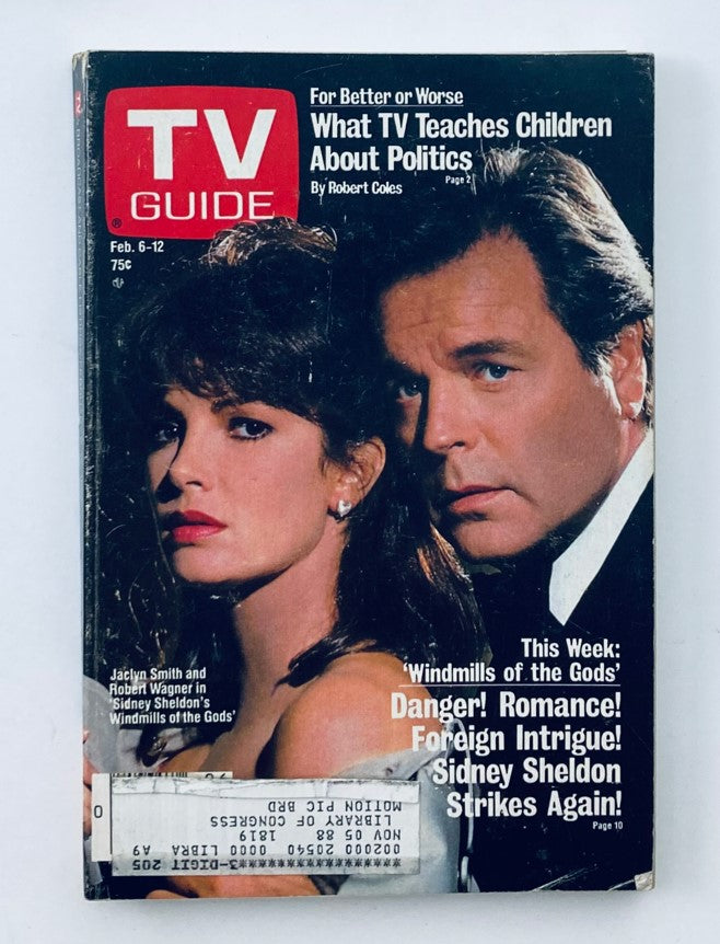 TV Guide Magazine February 6 1988 edition featuring Robert Wagner and Jaclyn Smith on the cover, showcasing the theme 'Windmills of the Gods' and articles about 1980s television shows.