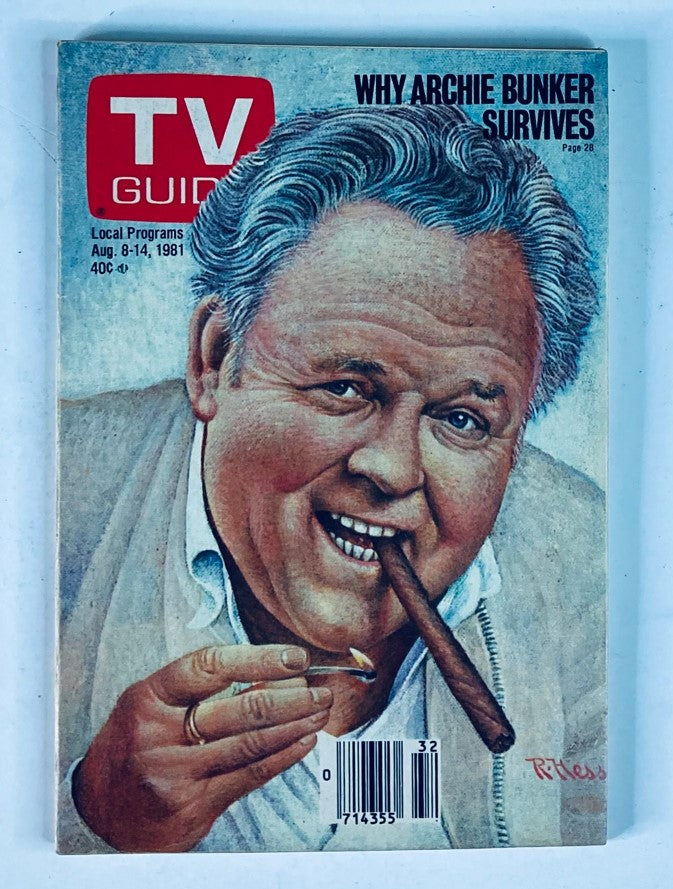 Cover of TV Guide Magazine August 8 1981 Issue #1480 featuring Carroll O'Connor, known for his role as Archie Bunker, smiling while holding a cigar.