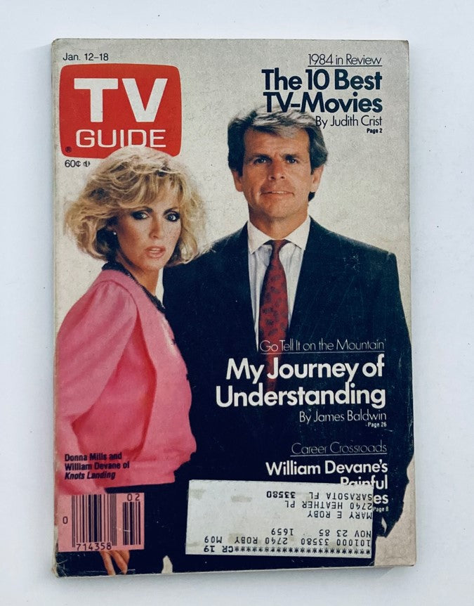 TV Guide Magazine cover from January 12, 1985 featuring William Devane, discussing his article and TV movies of 1984. Includes a photo of Donna Mills and William Devane on the front.