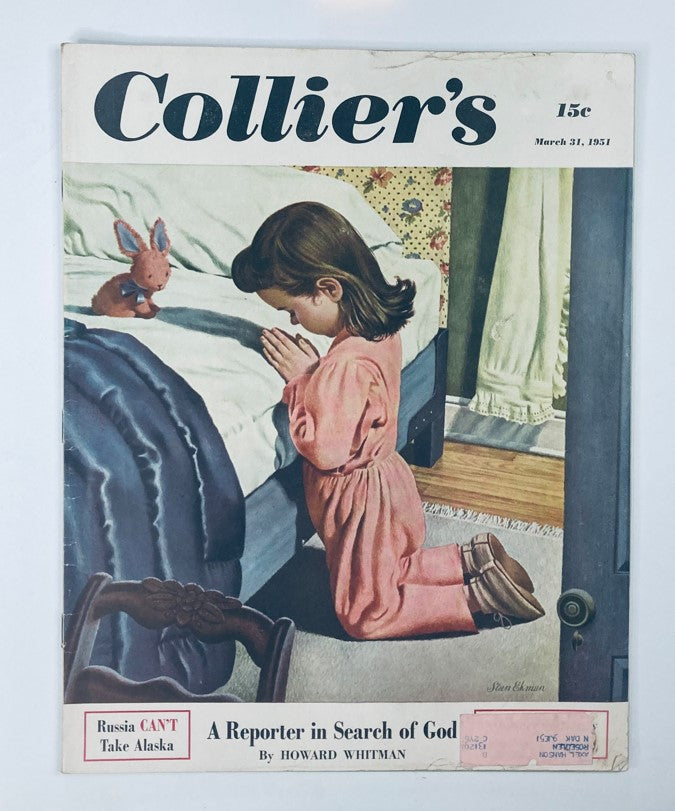 Cover of VTG Collier's Magazine from March 31, 1951, featuring a young girl praying with a bunny, representing the article 'A Reporter in Search of God'.