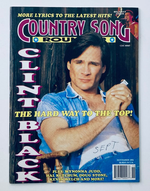 Cover of Country Song Roundup Magazine November 1992 featuring Clint Black, showcasing the title prominently and highlighting articles related to country music.