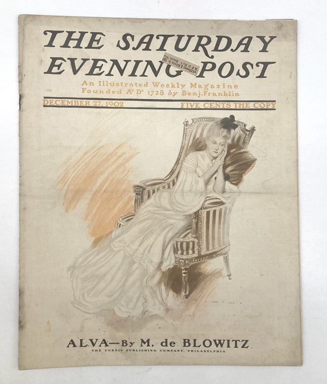 Saturday Evening Post Illustrated Cover December 27 1902 featuring M. de Blowitz, a vintage magazine cover with elegant artwork depicting a woman in a gown, capturing the essence of early 20th-century design.