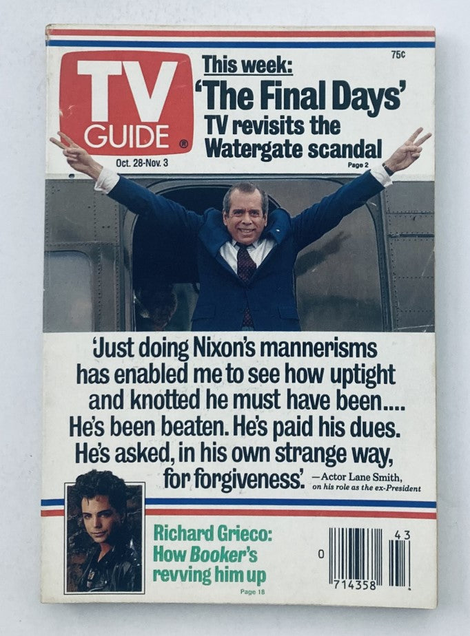 TV Guide Magazine cover from October 28, 1989 featuring Richard Grieco, highlighting iconic shows and the Watergate scandal. Collectible vintage magazine in pristine condition.