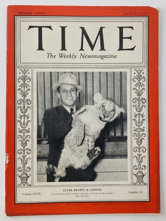 Cover of VTG Time Magazine March 29 1937 Vol 29 No. 13 featuring Clyde Beatty holding a young tiger, showcasing the era's captivating animal entertainment.