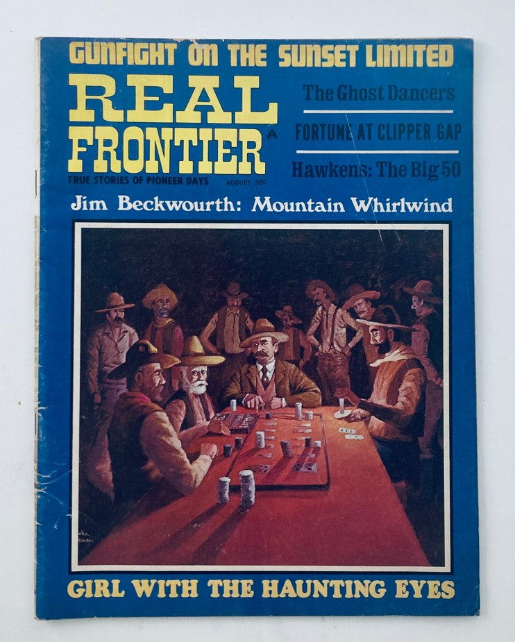 VTG Real Frontier Magazine August 1971 Vol 2 No 3 Jim Beckwourth cover featuring a vibrant illustration of a vintage poker scene depicting several men in hats gathered around a table, highlighting themes of American frontier history.