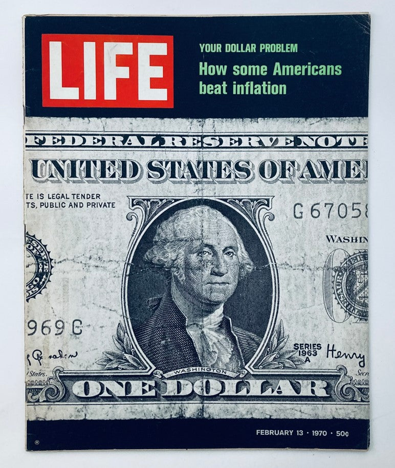 Vintage Life Magazine cover from February 13, 1970 featuring the headline 'Your Dollar Problem: How some Americans beat inflation'. The cover displays an image of a one-dollar bill and reflects on financial themes from the era.
