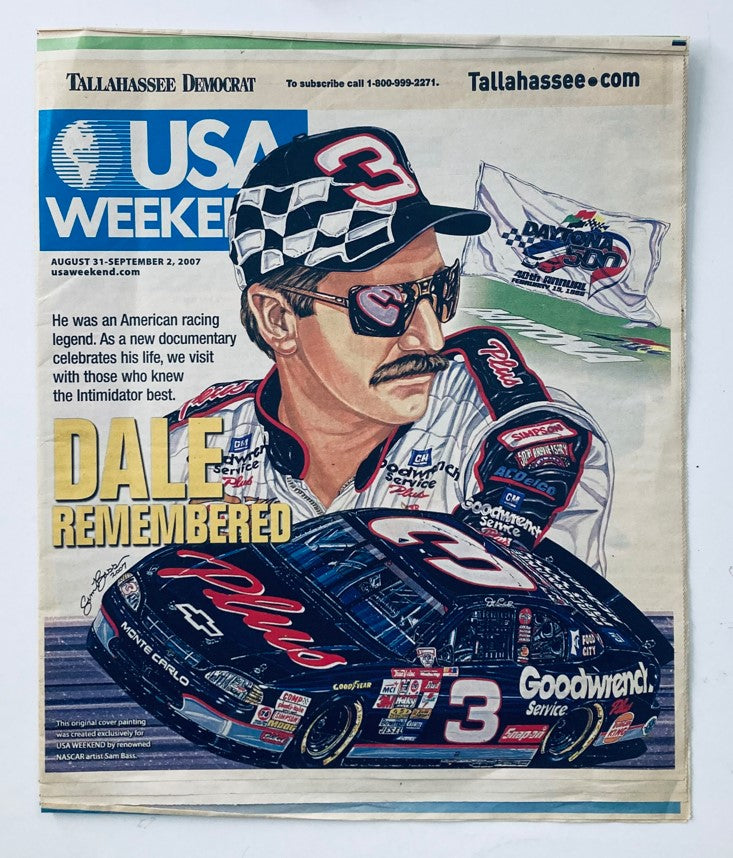 USA Weekend Tabloid August 31 2007 cover featuring Dale Earnhardt remembered, showcasing a tribute illustration of the legendary NASCAR driver alongside his racing car.