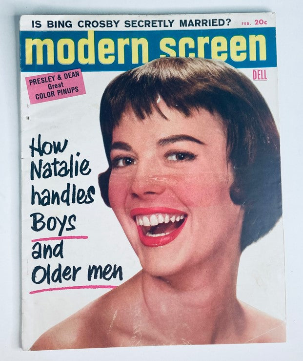 VTG Modern Screen Magazine February 1957 featuring a cover image of Natalie Wood with the text 'How Natalie handles Boys and Older men', showcasing mid-20th century Hollywood glamour.