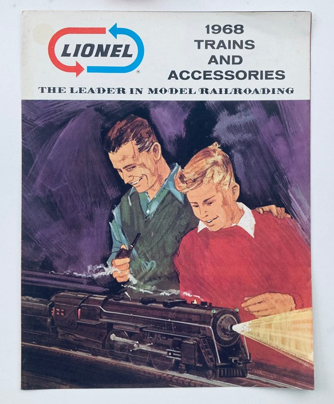 Cover of the VTG 1968 Trains and Accessories Model Railroading Catalog featuring a nostalgic illustration of a father and son working on a model train set.