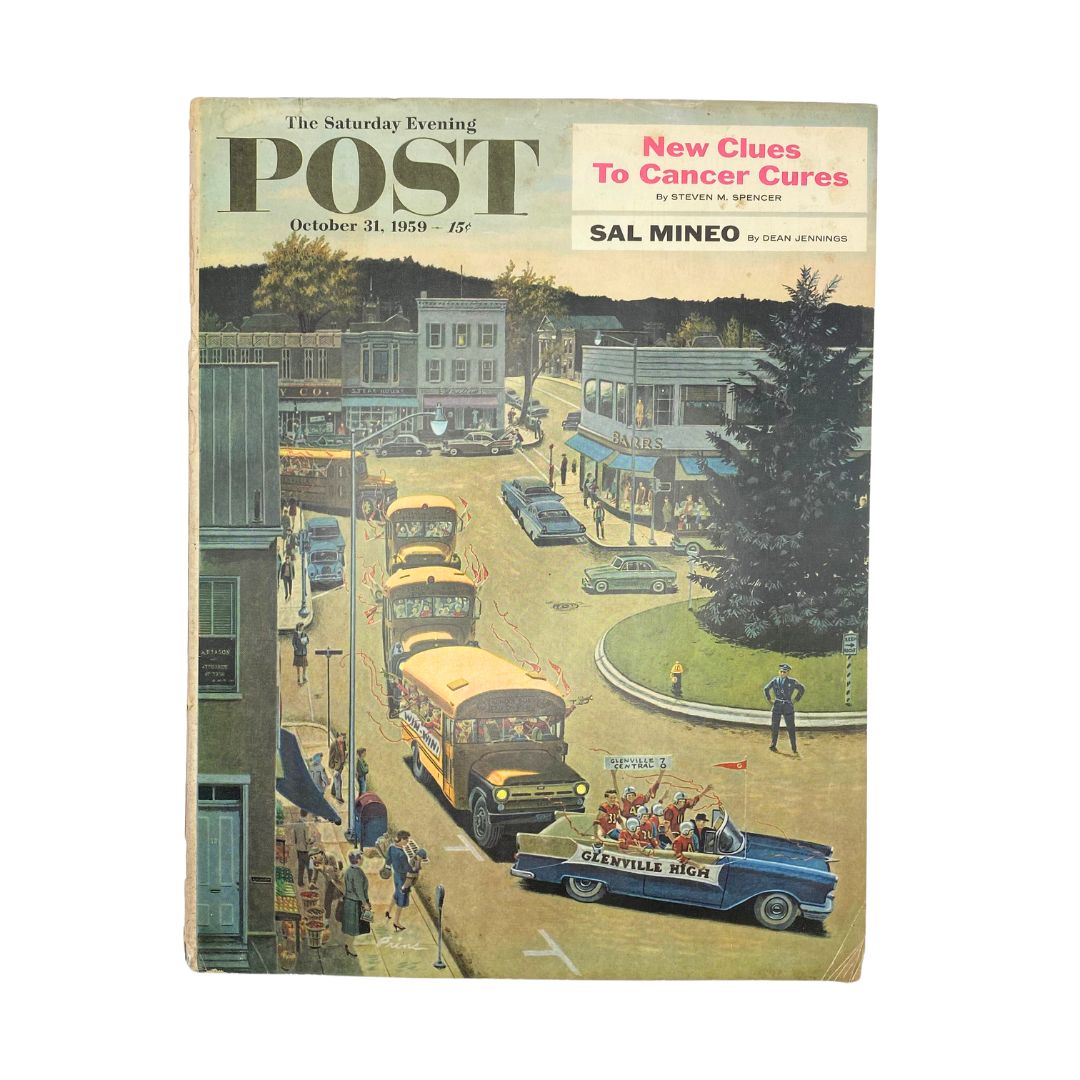 Cover of the Saturday Evening Post Magazine dated October 31, 1959, featuring an illustration depicting a town scene with buses and people, titled 'Bruisers' by Ben Prin.