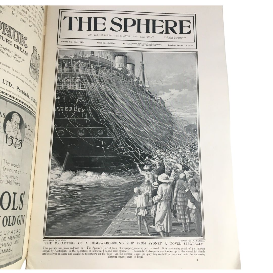 The Sphere Newspaper August 19 1922 featuring an illustration of the departure of a homeward-bound ship from Sydney, depicting a crowd and maritime activity.