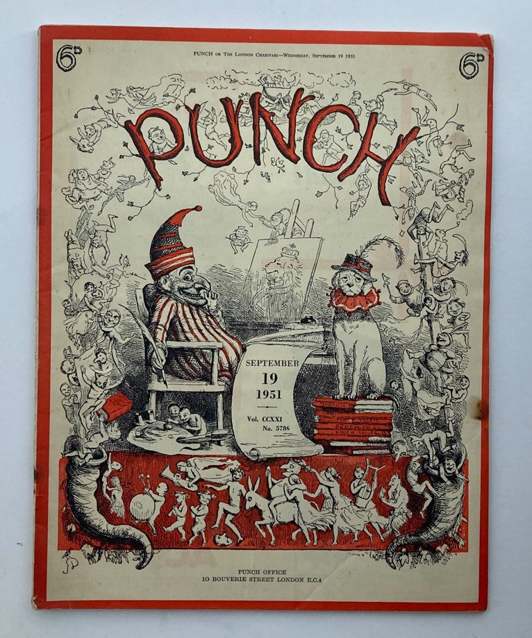 Punch Magazine cover from September 19, 1951, Volume 221, No. 5786 featuring humorous cartoon illustrations reflective of the WWII era with whimsical characters and vibrant colors.