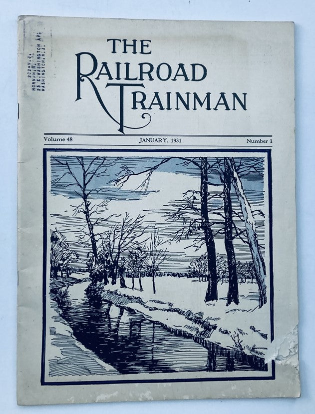 Cover of VTG The Railroad Trainman Magazine January 1931 featuring a nostalgic illustration of a winter landscape, Volume 48, Number 1.