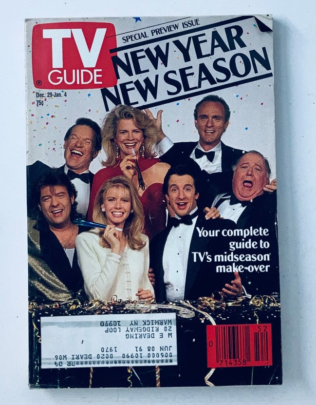 TV Guide Magazine December 29 1990 featuring Candice Bergen and Grant Shaud on the cover, showcasing a festive New Year's theme with cast members celebrating the New Year's television lineup.