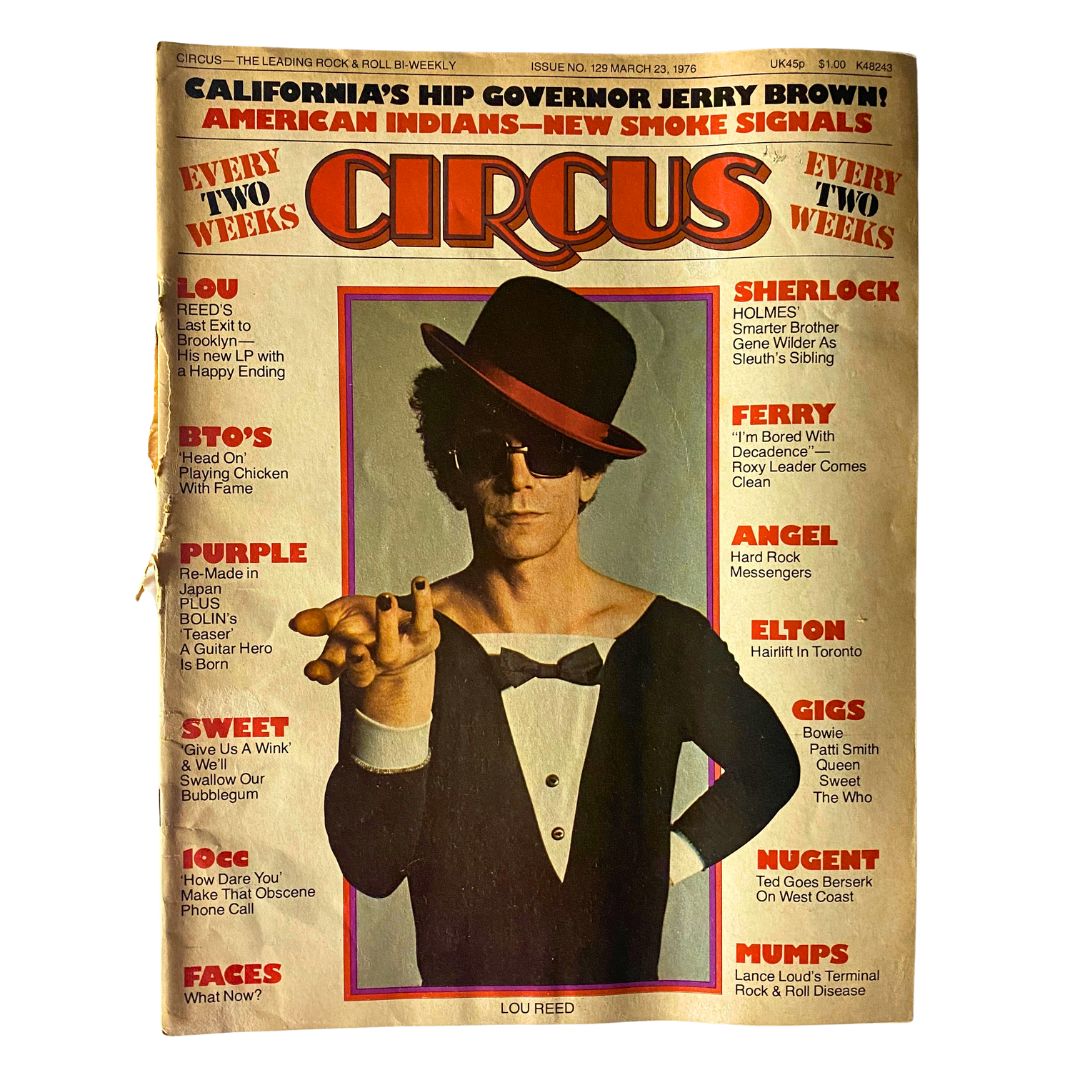 Cover of VTG Circus Magazine dated March 23, 1976 featuring Lou Reed as the main article. The magazine includes headlines about various artists like BTO and Sweet, with a vibrant design reflecting the 1970s rock culture.