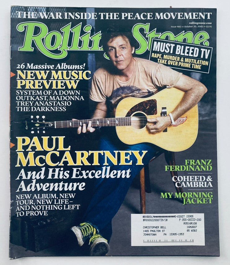 Rolling Stone Magazine October 20 2005 Issue 985 featuring Paul McCartney on the cover, showcasing his new album and discussing music culture of the time.