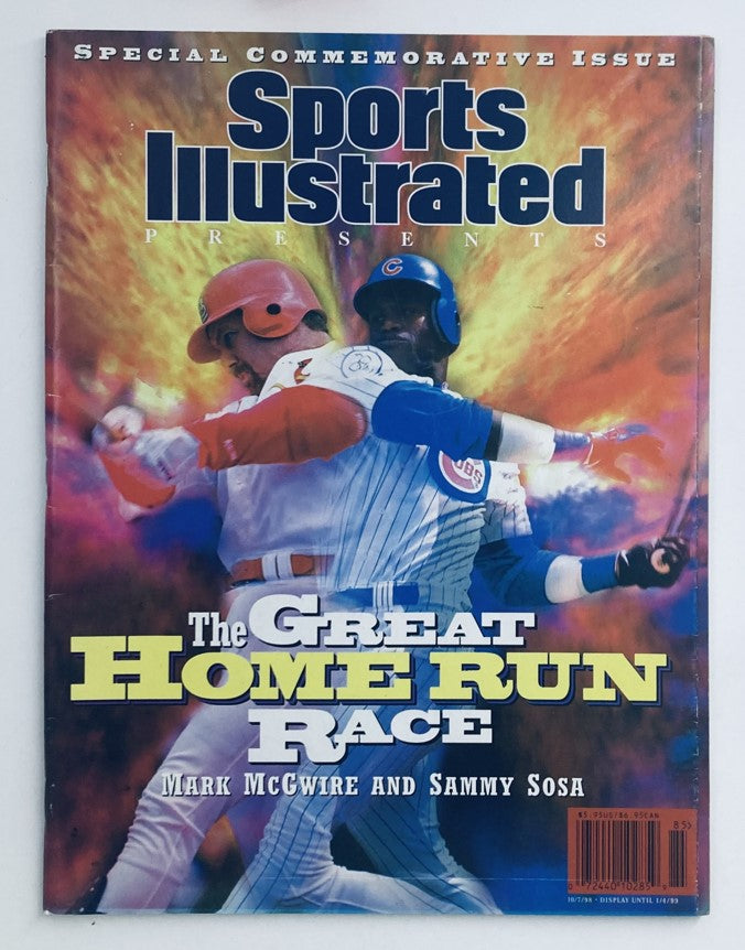 Cover of Sports Illustrated Magazine October 7, 1998, featuring Mark McGwire and Sammy Sosa with a vibrant background, highlighting the iconic Great Home Run Race.