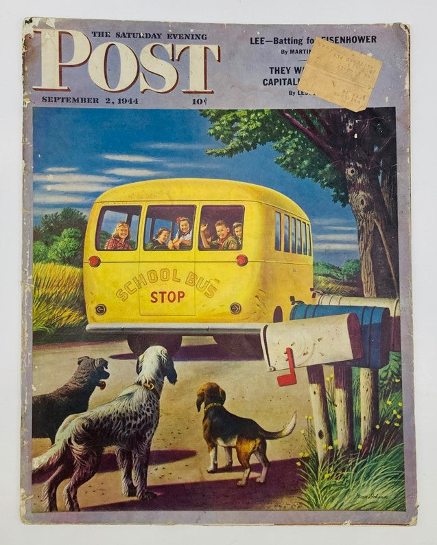 Cover of Saturday Evening Post Illustrated Magazine from September 2, 1944, featuring a bright yellow school bus and children, capturing the essence of mid-20th century Americana.