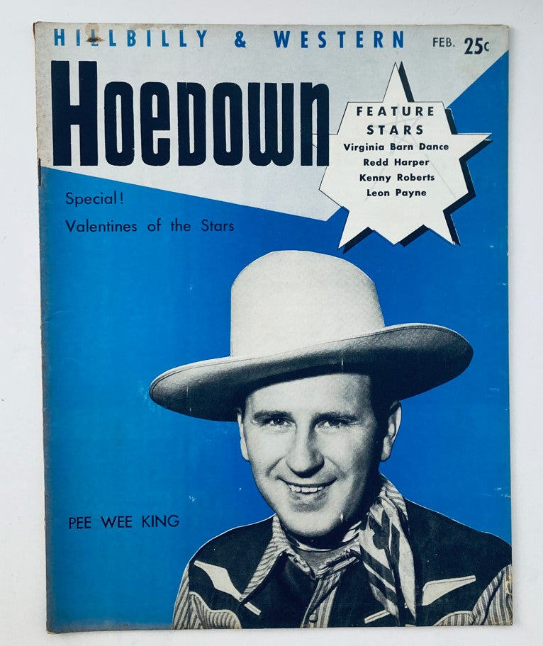 Cover of VTG Hoedown Magazine February 1954 Vol 1 No. 6 featuring Pee Wee King, showcasing a blue background and western-themed design with notable stars listed.