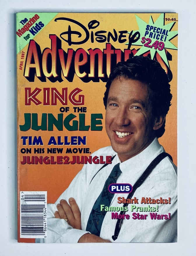 Disney Adventures Magazine April 1997 cover featuring Tim Allen, titled 'King of the Jungle'. The cover showcases Tim Allen with a cheerful expression, promoting his new movie 'Jungle2Jungle', surrounded by colorful graphics.