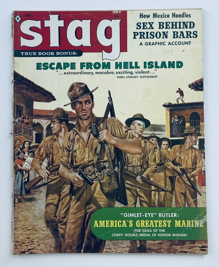 VTG Stag Magazine December 1960 Vol 11 #12 features the story 'Escape From Hell Island', showcasing an illustrated cover with soldiers in a historical setting.