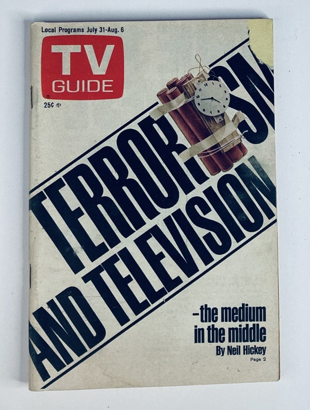 Cover of TV Guide Magazine July 31 1976 #1218 featuring a thematic focus on Terrorism and TV, with a design including bombs and a clock, emphasizing the media's depiction of social issues.