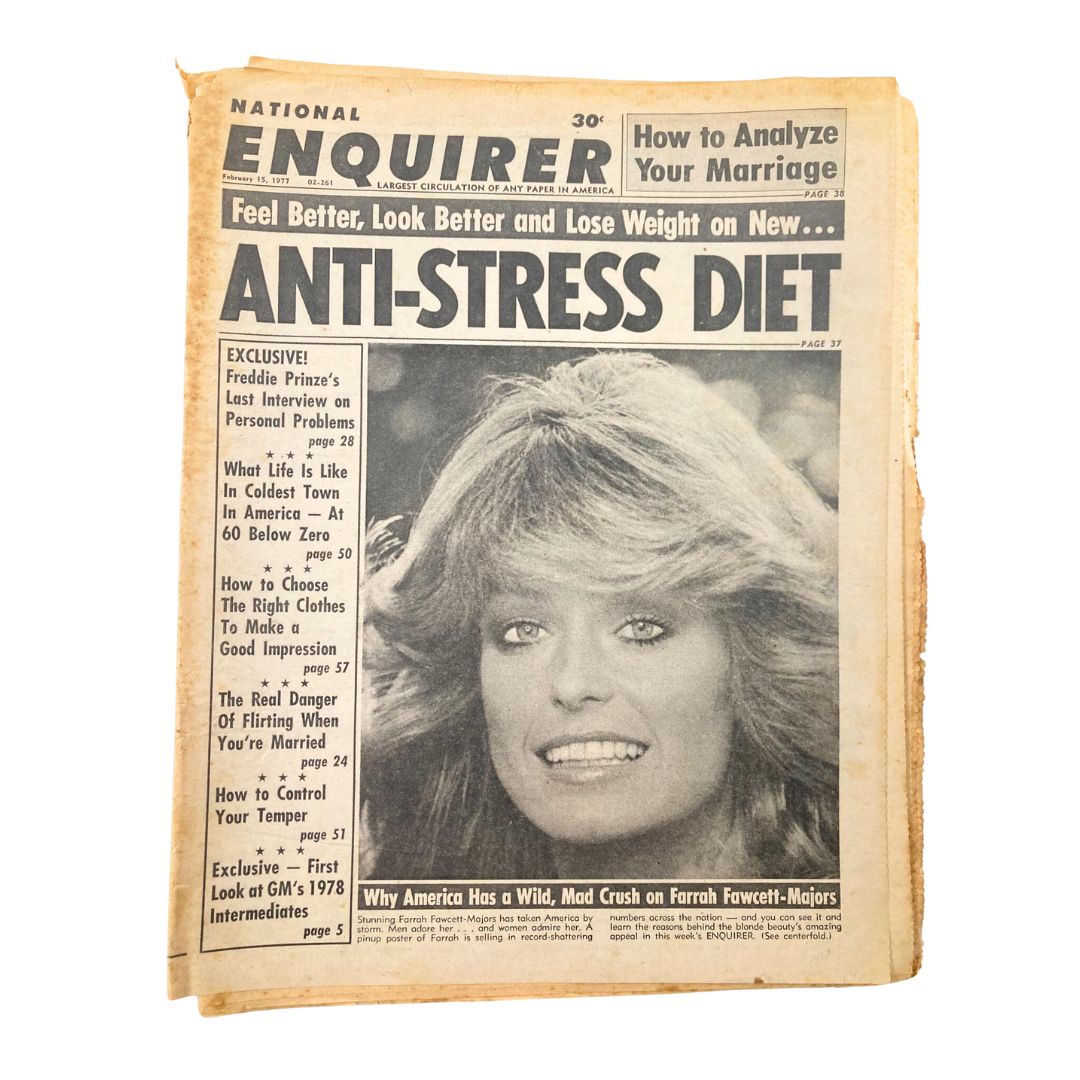 National Enquirer Tabloid February 15, 1977 featuring a close-up of Farrah Fawcett on the cover, highlighting articles on anti-stress diets and exclusive interviews from the late 70s celebrity scene.