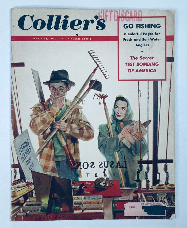 Vintage Collier's Magazine April 25, 1953, Cover featuring an illustrated couple with fishing gear, highlighting the theme 'Test Bombing of America' and 'Go Fishing.'