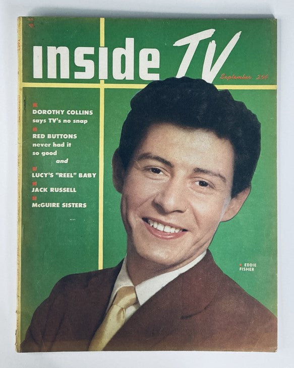 Cover of Inside TV Magazine September 1953 Vol 1 #3 featuring Eddie Fisher. The vibrant green background highlights Eddie Fisher's smiling portrait, alongside headlines about notable TV personalities.