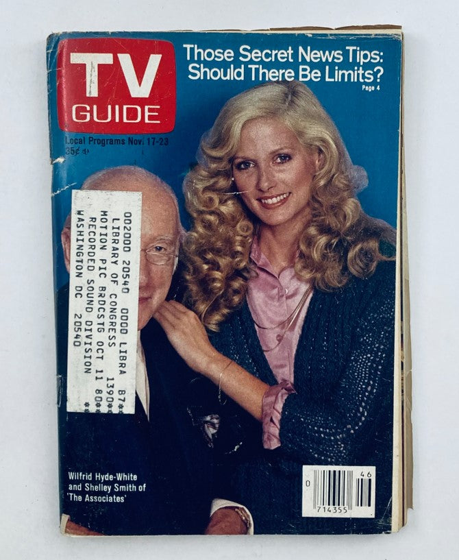 Cover of TV Guide Magazine from November 17, 1979 featuring Wilfred Hyde-White and Shelley Smith with the title 'Those Secret News Tips: Should There Be Limits?'. This vintage magazine represents a piece of television history.